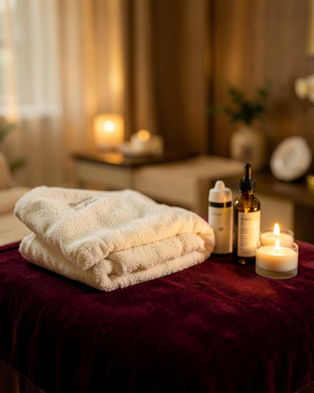 Candlelit BellaGio Zen massage table with warm towels, oils and candles