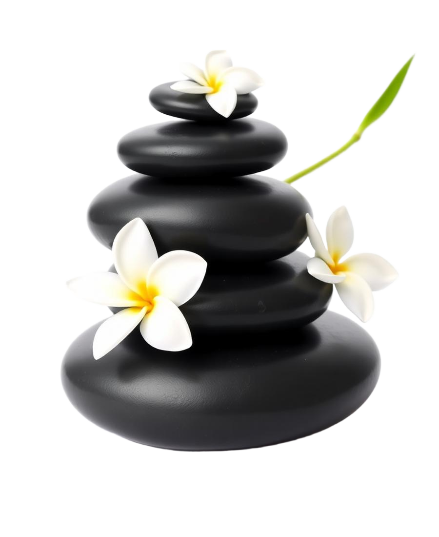 Stacked zen stones with bamboo and white flowers